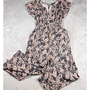 Tahari Womens L Black‎ Tan Palm Leaf Print Wide Leg Jumpsuit Linen Rayon Smocked